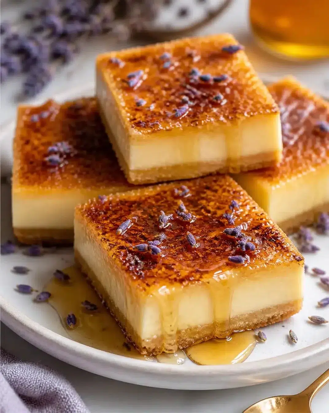 Delicious Lavender Honey Creme Brulee Bars with a caramelized topping
