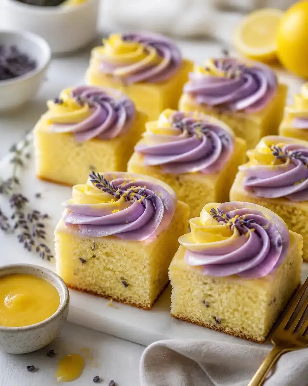 Lavender Lemon Curd Sheet Cake topped with lemon slices and lavender sprigs