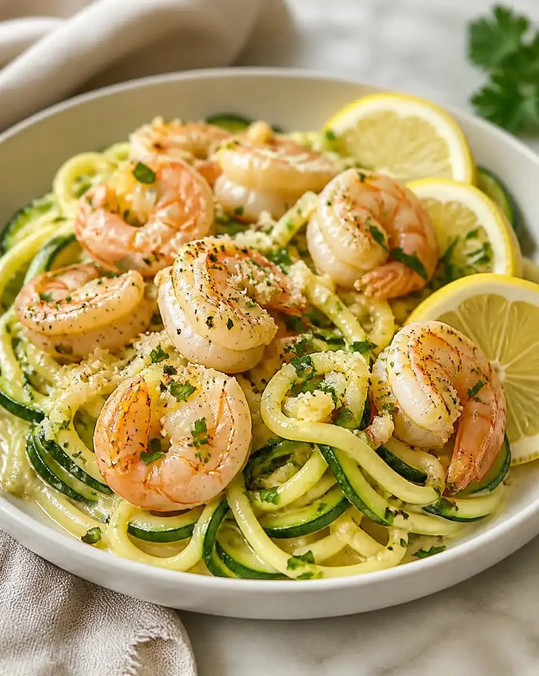 Delicious Lemon Garlic Shrimp served over fresh zucchini noodles