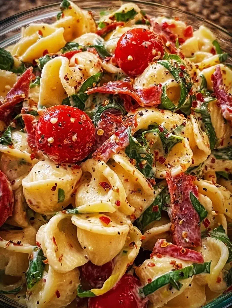 Love at First Bite Pasta Salad with fresh veggies and pasta served in a bowl.