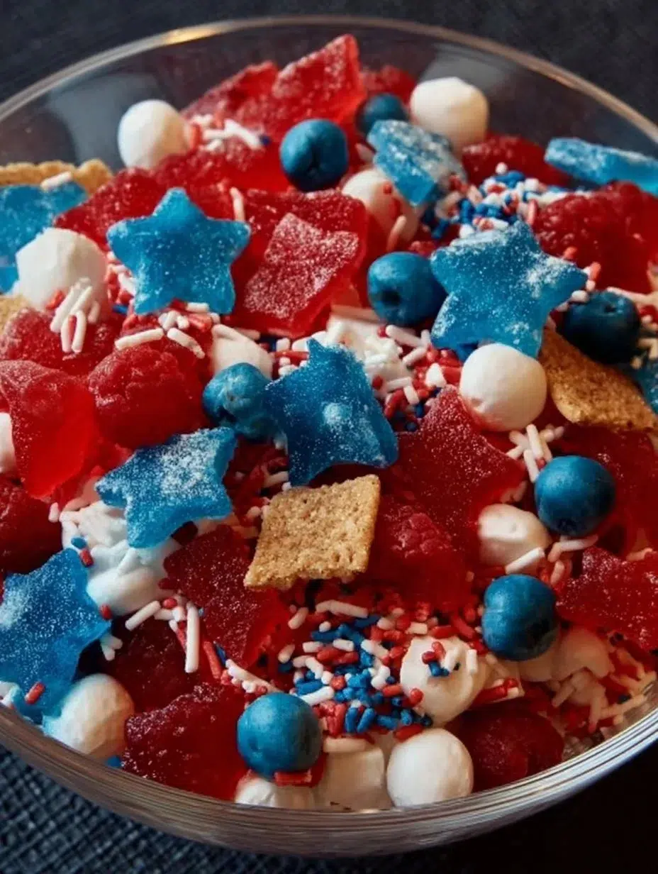Patriotic Fourth of July candy salad with red, white, and blue candies and fruit.