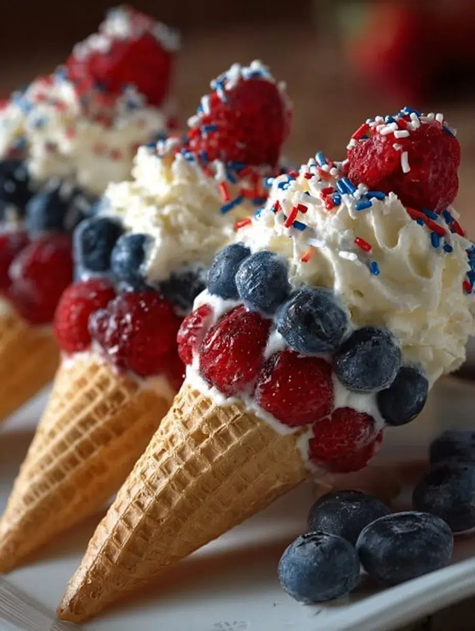 Patriotic fruit cones filled with red, white, and blue fruits for a festive look