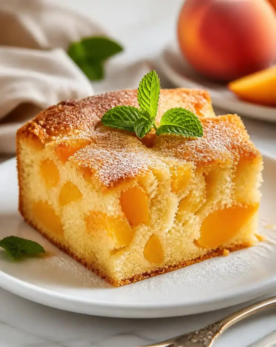 Slice of Peach Cottage Cheese Cheesecake topped with fresh peach slices
