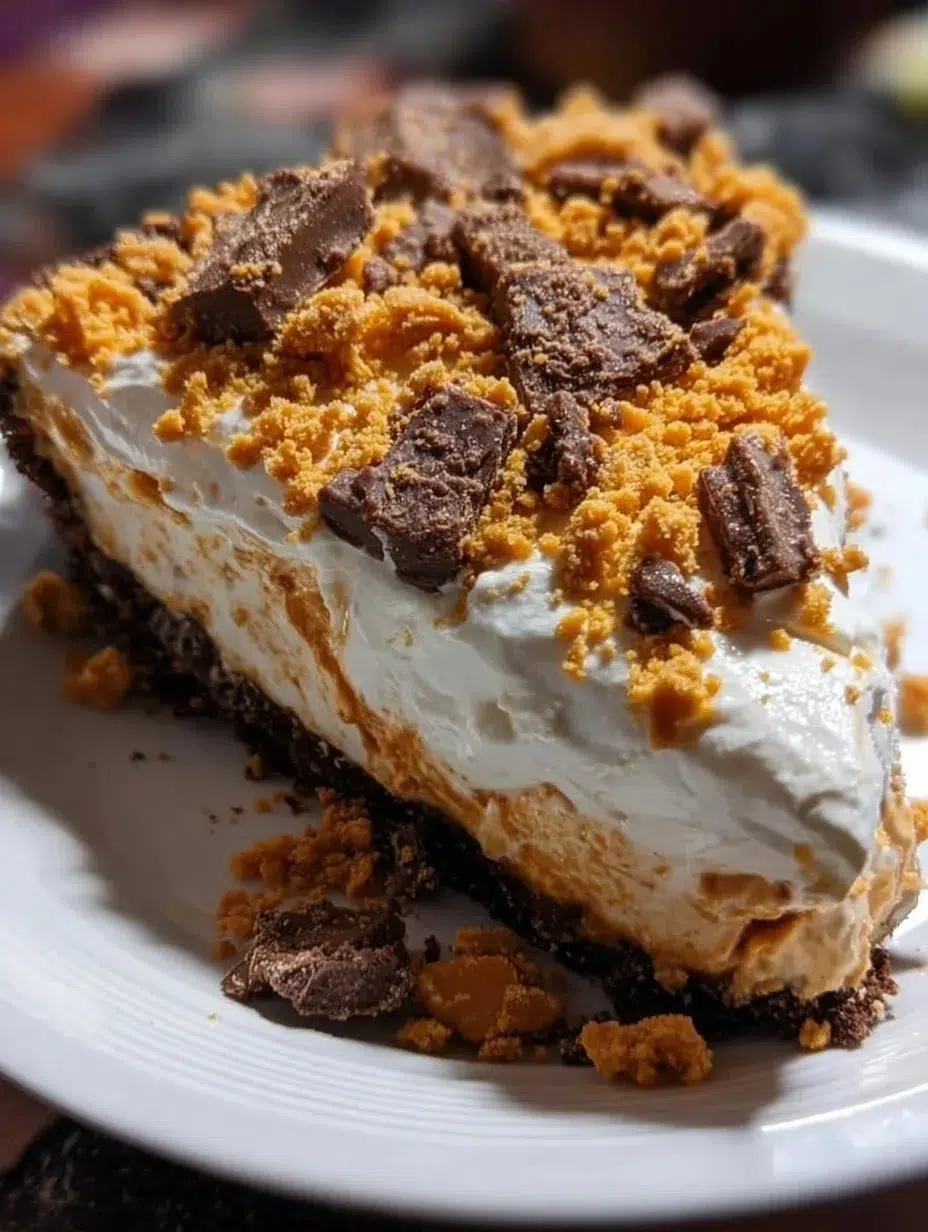 Delicious slice of Peanut Butter Candy Pie topped with chocolate and candy pieces.