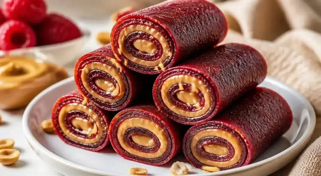 Peanut butter-filled fruit leather rolls for a tasty and healthy snack