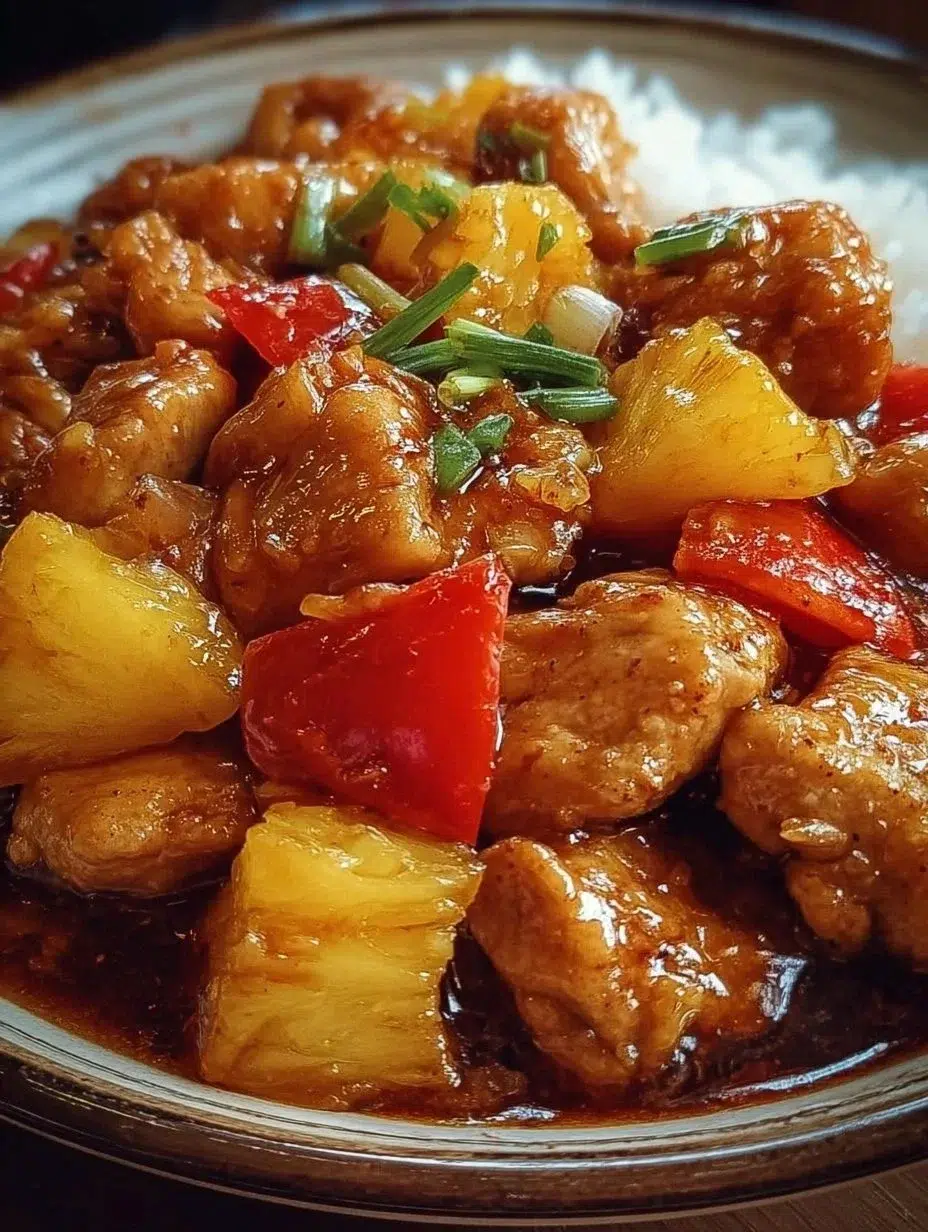 Delicious slow cooker Pineapple Chicken served on a plate.