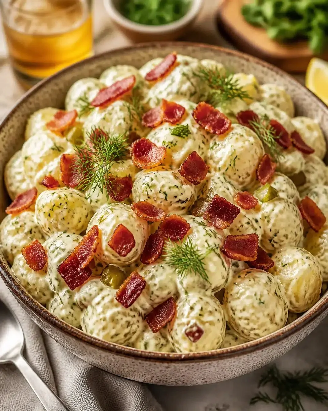 Creamy potato salad with dill pickles served in a bowl.