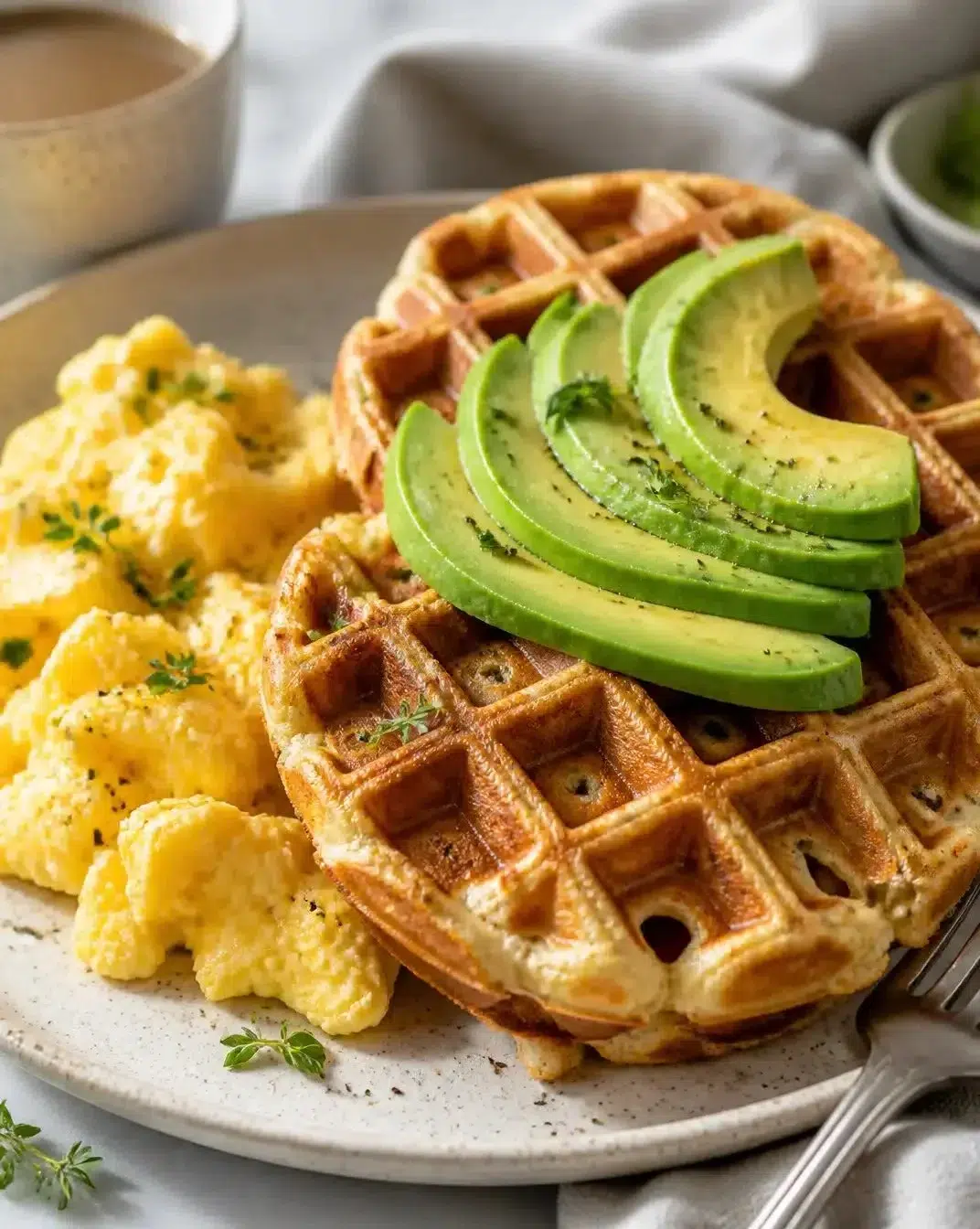 Protein-packed savory waffles topped with fresh herbs and vegetables.