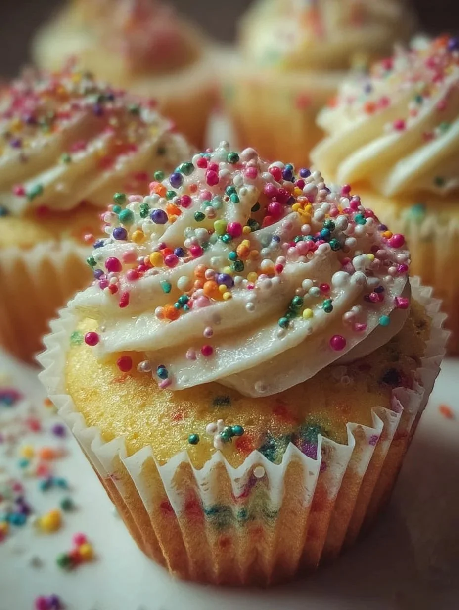 Rainbow Confetti Cupcakes topped with colorful sprinkles and frosting.