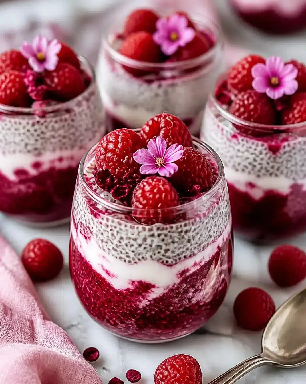 Raspberry Hibiscus Chia Pudding in a glass topped with fresh raspberries