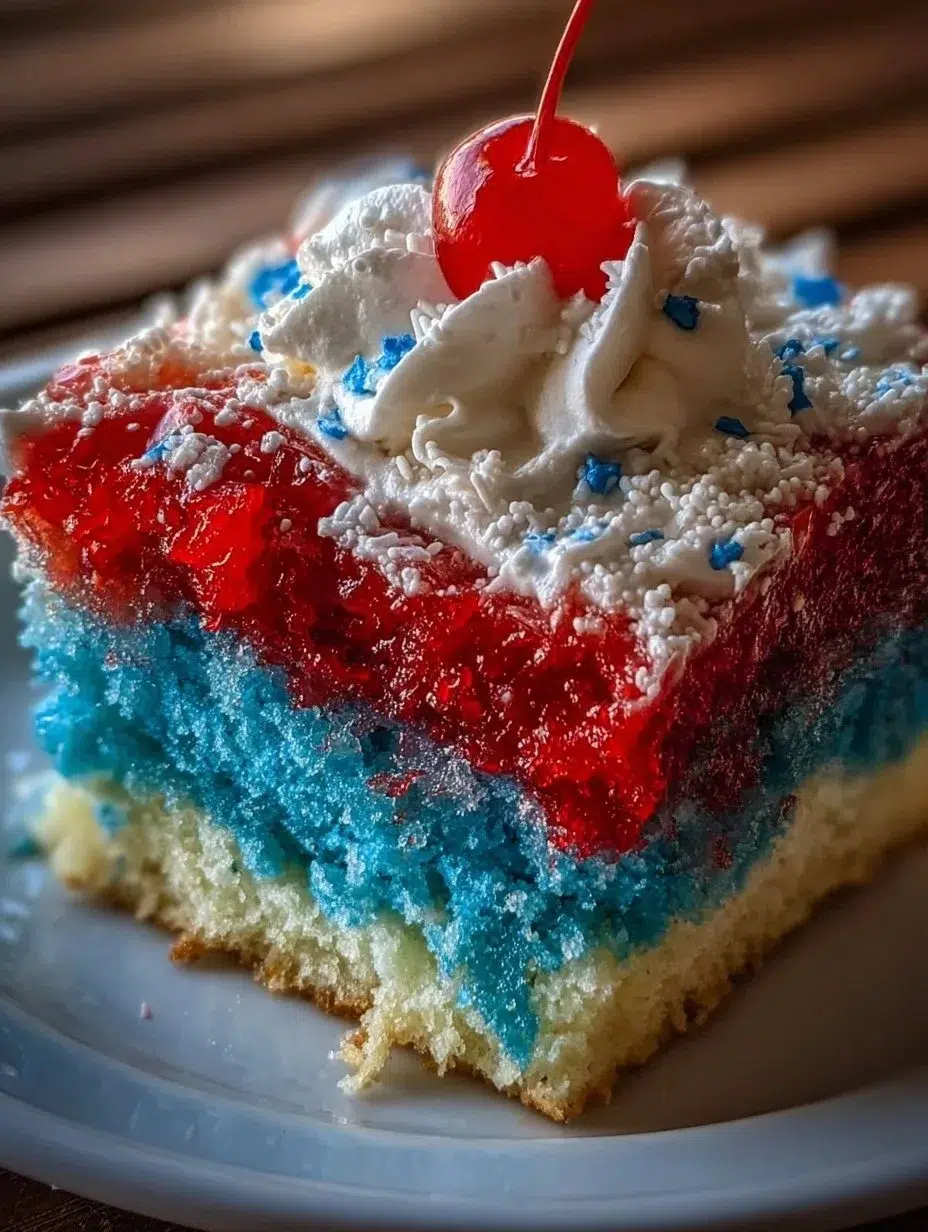 Delicious Red, White, and Blue Poke Cake topped with whipped cream and berries