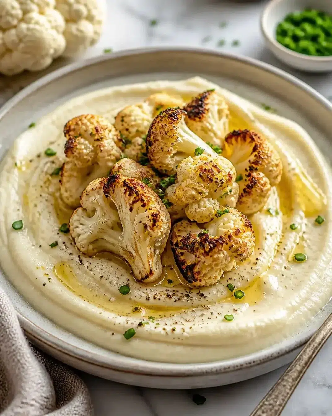 Silky cauliflower mash served in a bowl, garnished for a delicious health meal.