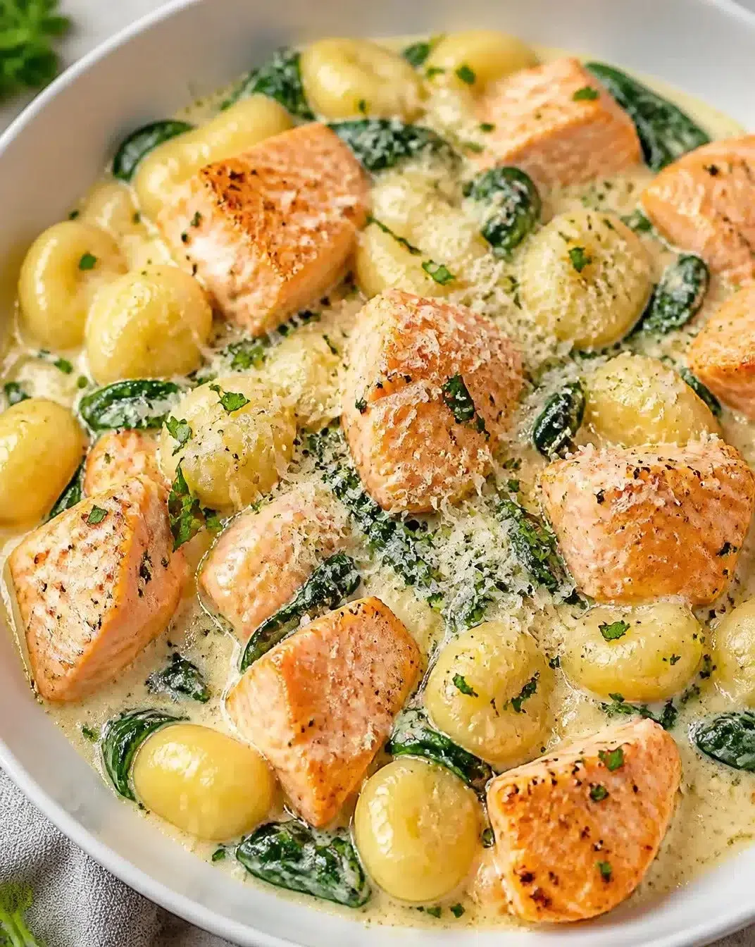 Silky salmon gnocchi with cream sauce on a white plate
