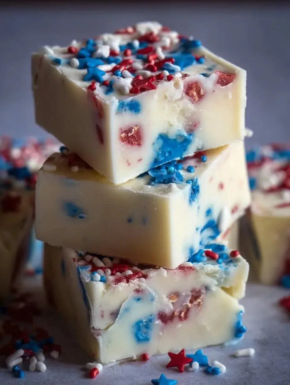 Star-Spangled White Chocolate Fudge topped with red and blue sprinkles