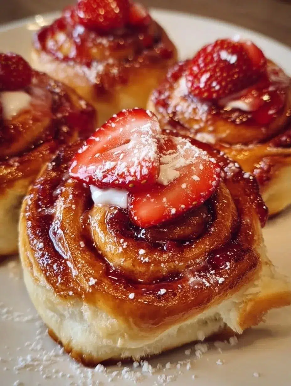 home 12 Freshly baked strawberry swirl cinnamon rolls with a soft and fluffy texture.