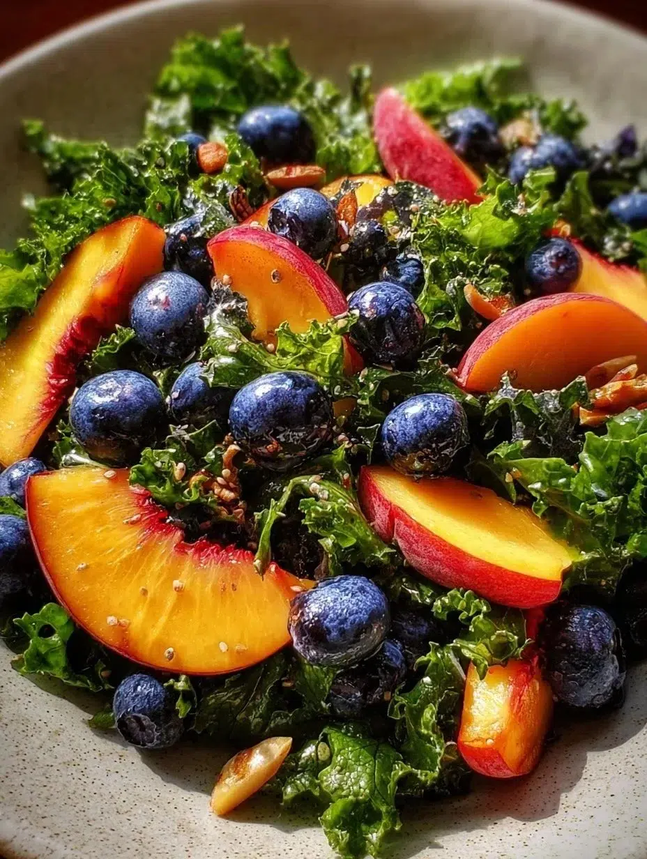 Summer Peach and Blueberry Kale Salad with colorful fruits and greens