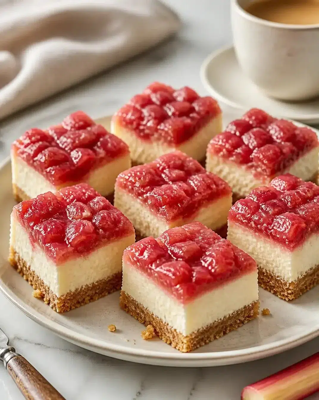 Sweet and savory rhubarb cheesecake bars with ham on a cracker crust