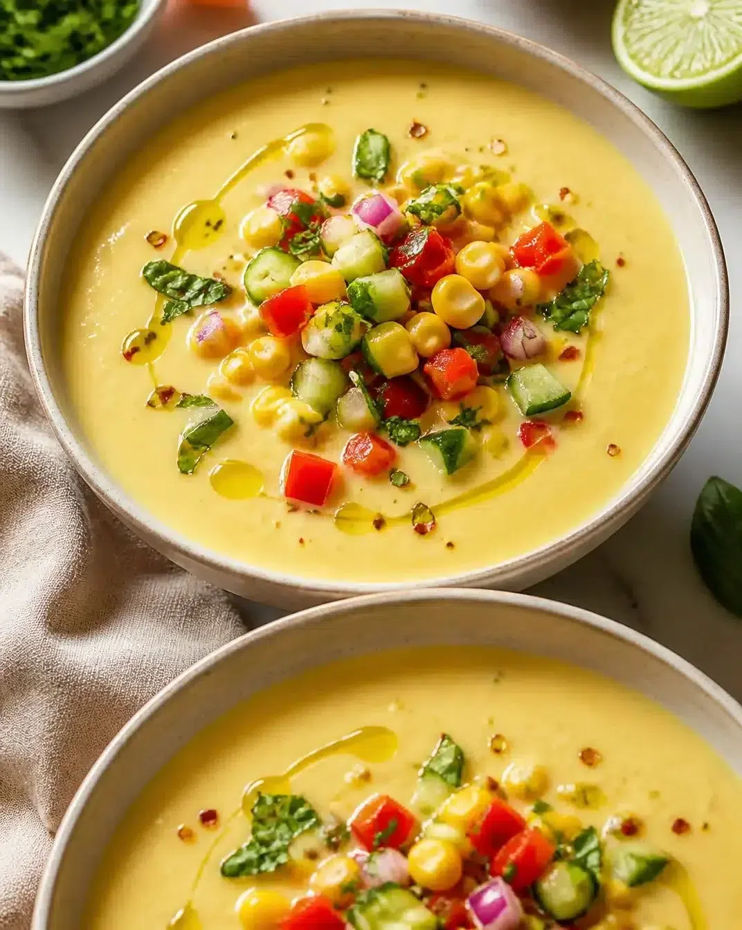Bowl of sweetcorn gazpacho garnished with herbs and fresh vegetables.