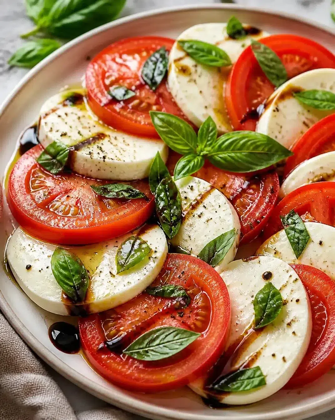 Fresh Caprese salad with mozzarella, tomatoes, and basil on a plate.