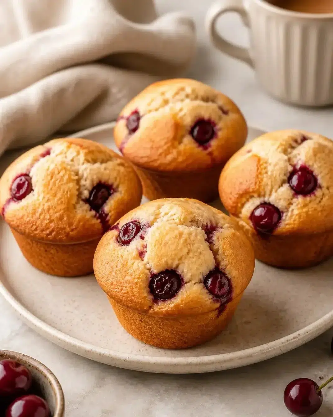 Freshly baked traditional cherry muffins with cherries on top