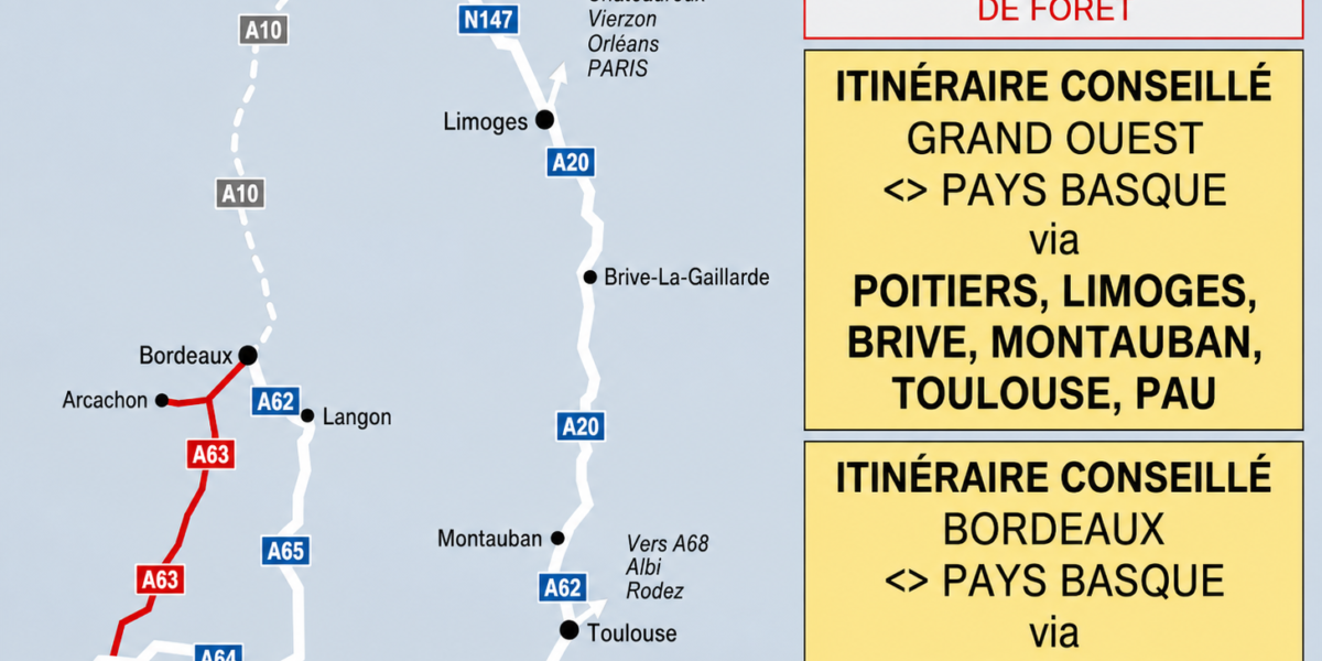 Carte des itinéraires conseillés après la fermeture de l A63 en Gironde