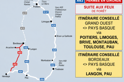 Carte des itinéraires conseillés après la fermeture de l A63 en Gironde