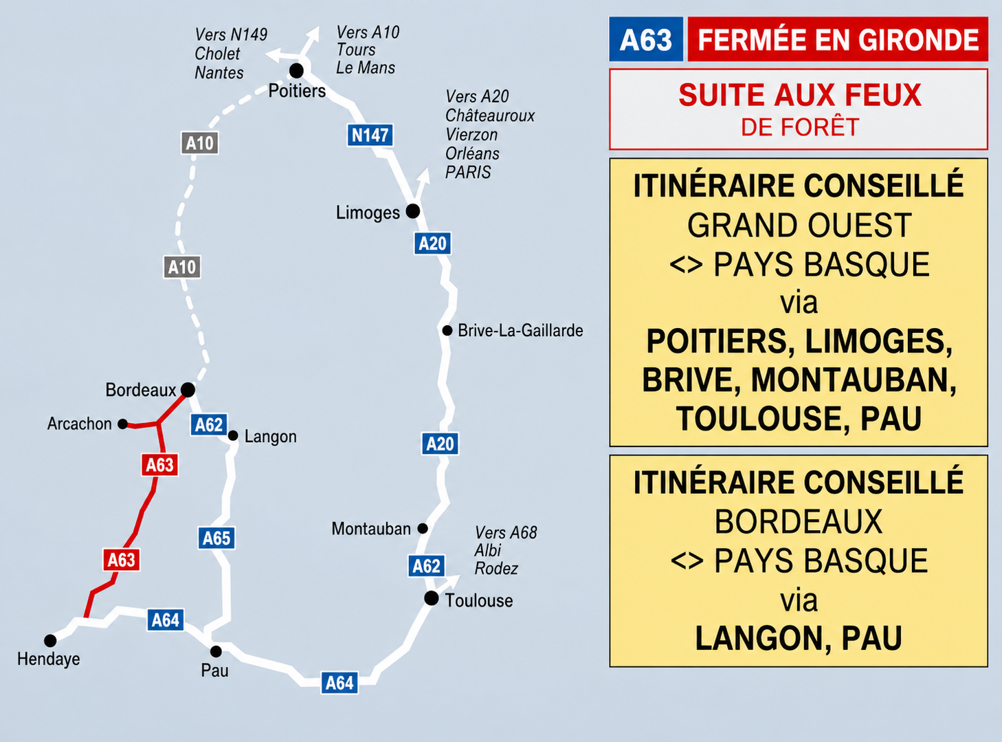 Incendies en Aquitaine : l&rsquo;A63 reste fermée, les itinéraires conseillés à 10h15