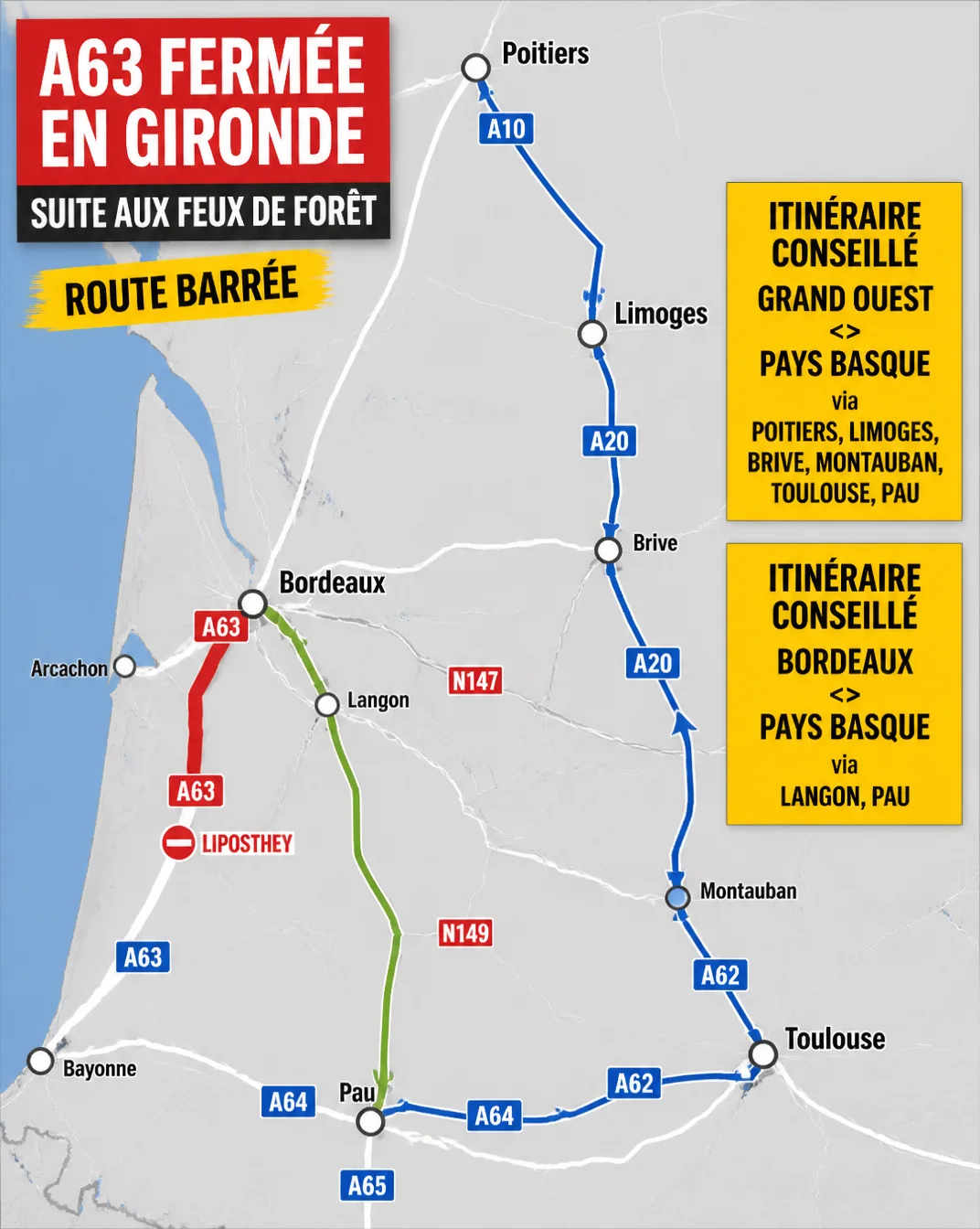 Fermeture A63 entre Bordeaux et Liposthey, circulation perturbée.