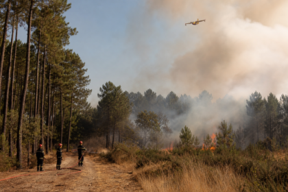 Incendie de forêt et intervention des pompiers en période de canicule en Gironde