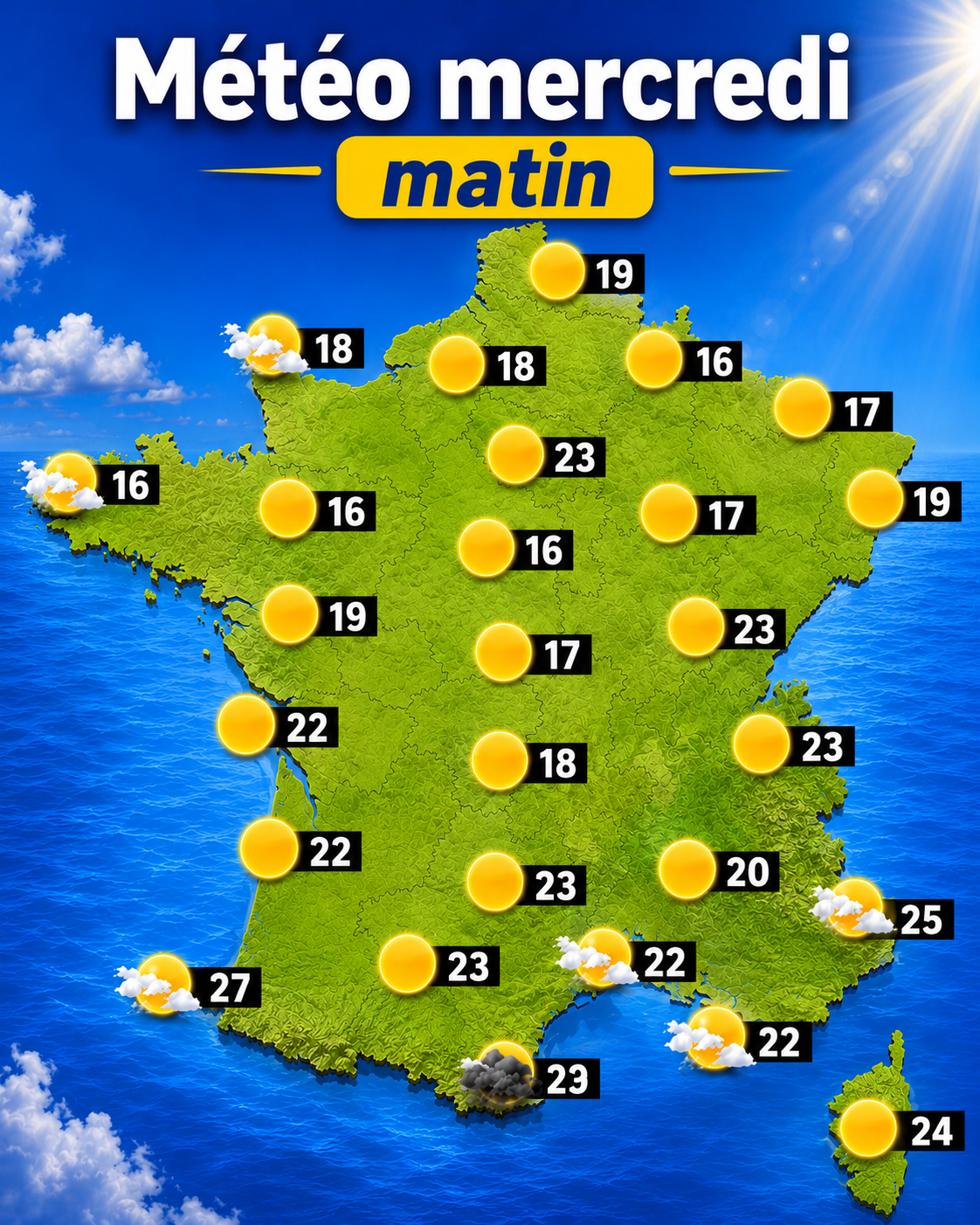 Carte météo du mercredi matin 29 juillet 2026