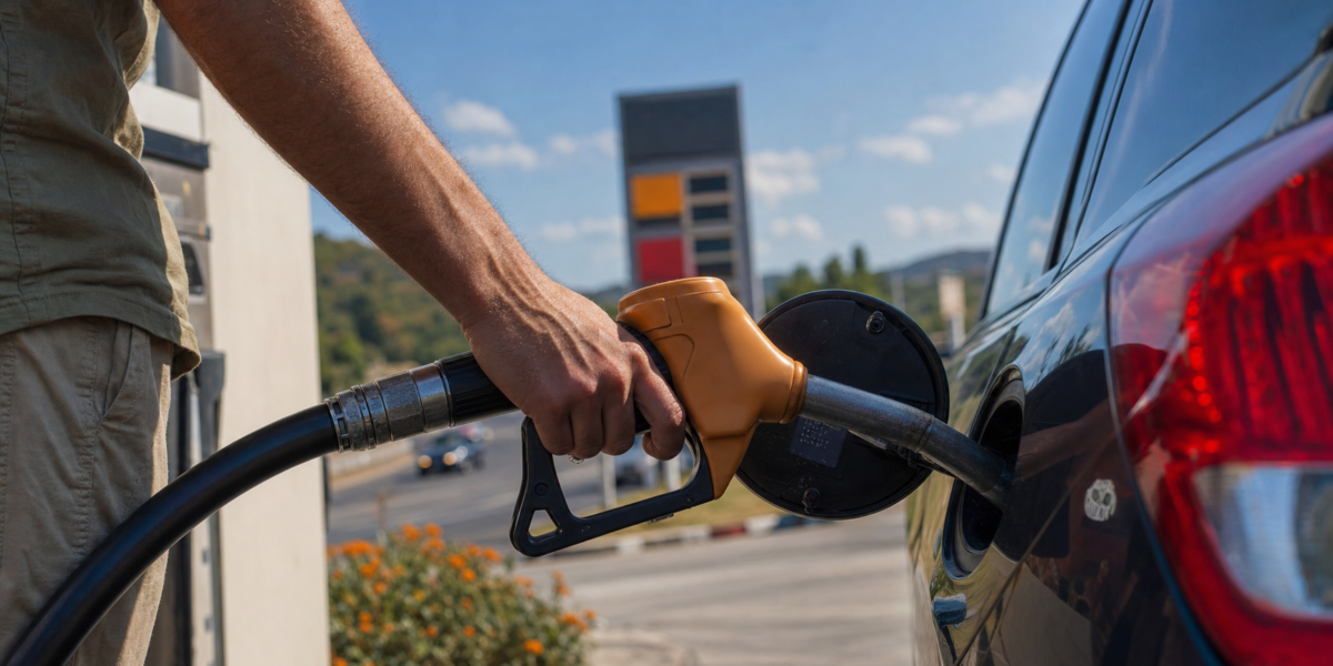 Automobiliste faisant le plein dans une station-service en France