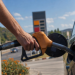 Automobiliste faisant le plein dans une station-service en France
