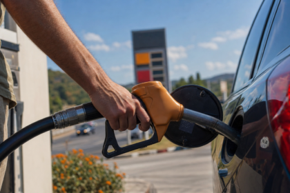 Automobiliste faisant le plein dans une station-service en France