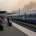 Voyageurs sur un quai de gare pendant des perturbations ferroviaires liées aux incendies