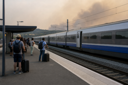 Voyageurs sur un quai de gare pendant des perturbations ferroviaires liées aux incendies