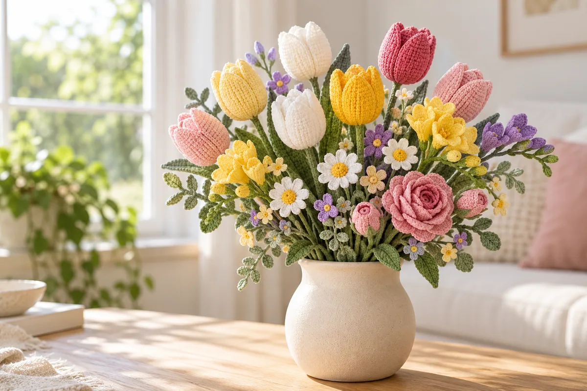 Illustration générée d’un bouquet de fleurs crochetées dans les couleurs du kit Colorful Tulip