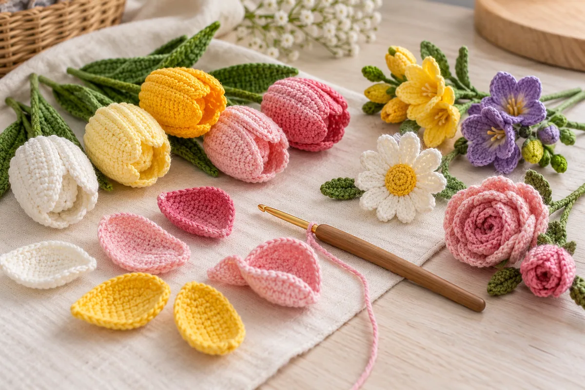 Illustration générée de fleurs et pétales au crochet dans les couleurs du kit