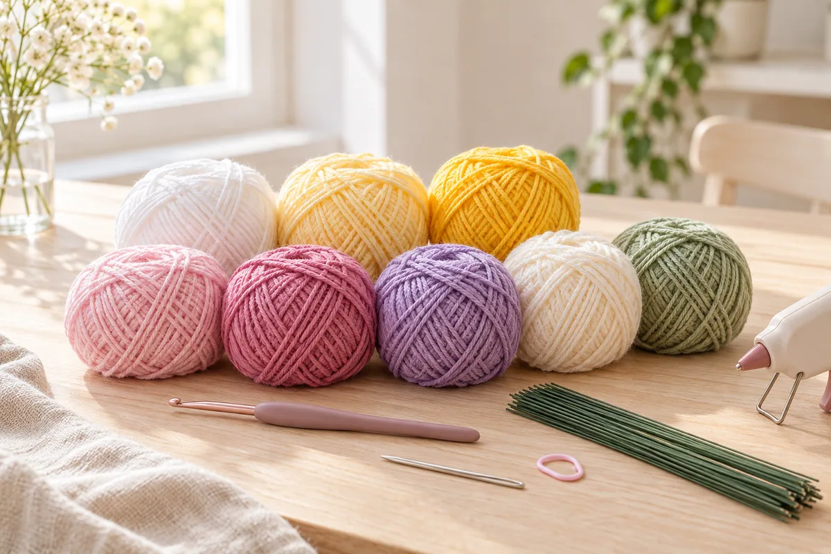 Illustration générée des fils et outils indiqués pour le kit de fleurs au crochet